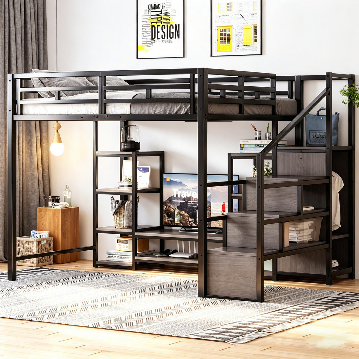 HOCHBETT 140x200 cm TV Ständer schwarz - Schwarz, Metall (251/174/146cm)