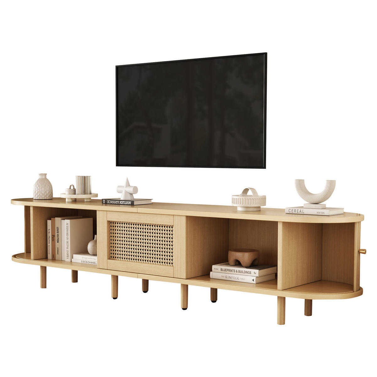 TV-ELEMENT180X40X40CM Fernsehtisch Lowboard Rattan-Optik Schiebetüren Holzfarbe - Naturfarben, Holz (49.5/14.5/120cm) - Raelunyi