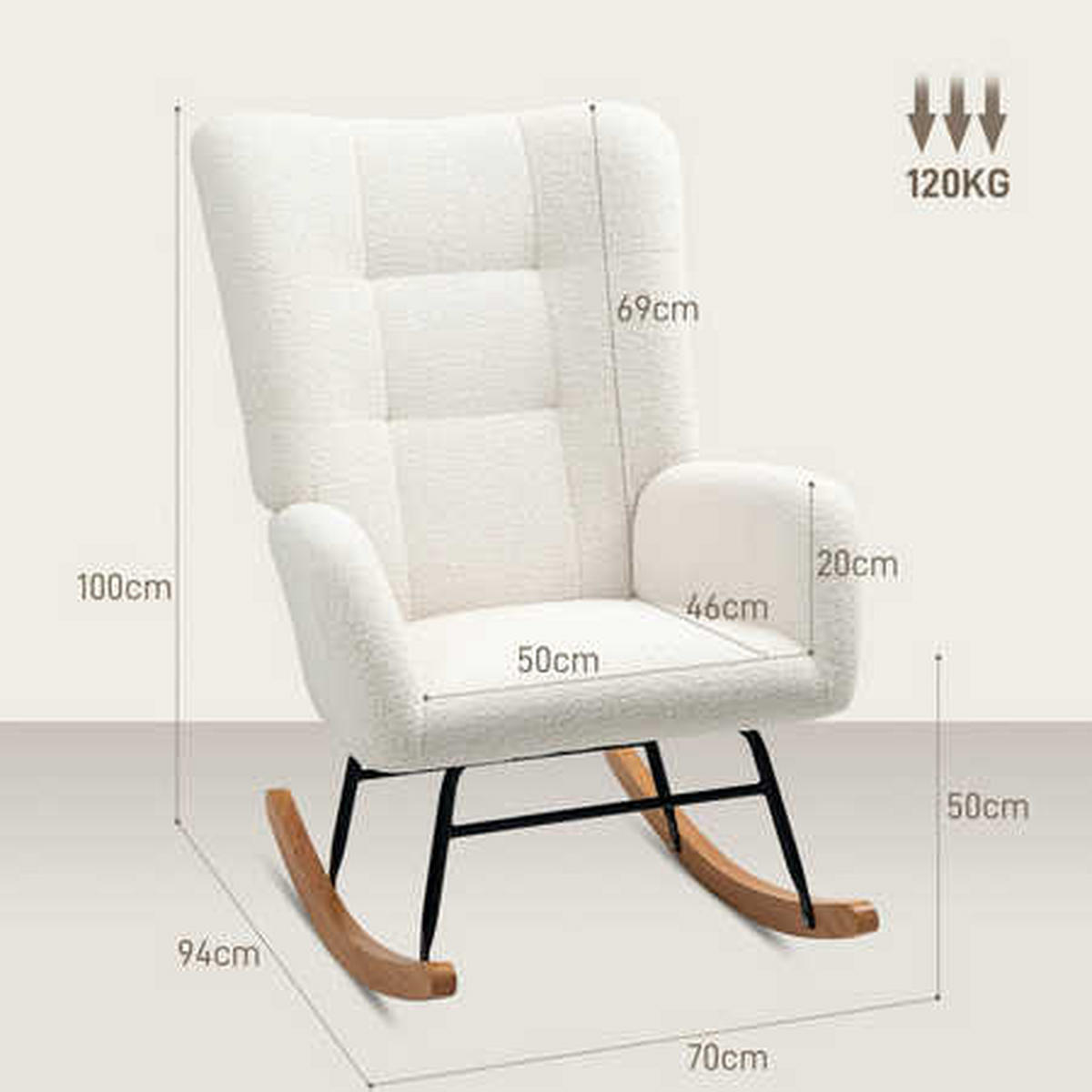 SCHAUKELSTUHL 70/94/100 cm in Cremeweiß mit Teddystoff und Holzkufen - Creme, Textil (70/100/94cm) - Flora Grace