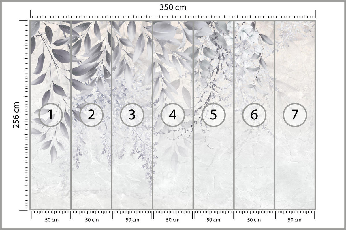 FOTOTAPETA Pre Spálňu Subtílne Popínavé Listy Sivá 350 x 256 cm - sivá/biela, papier (350/256cm) - Muralo