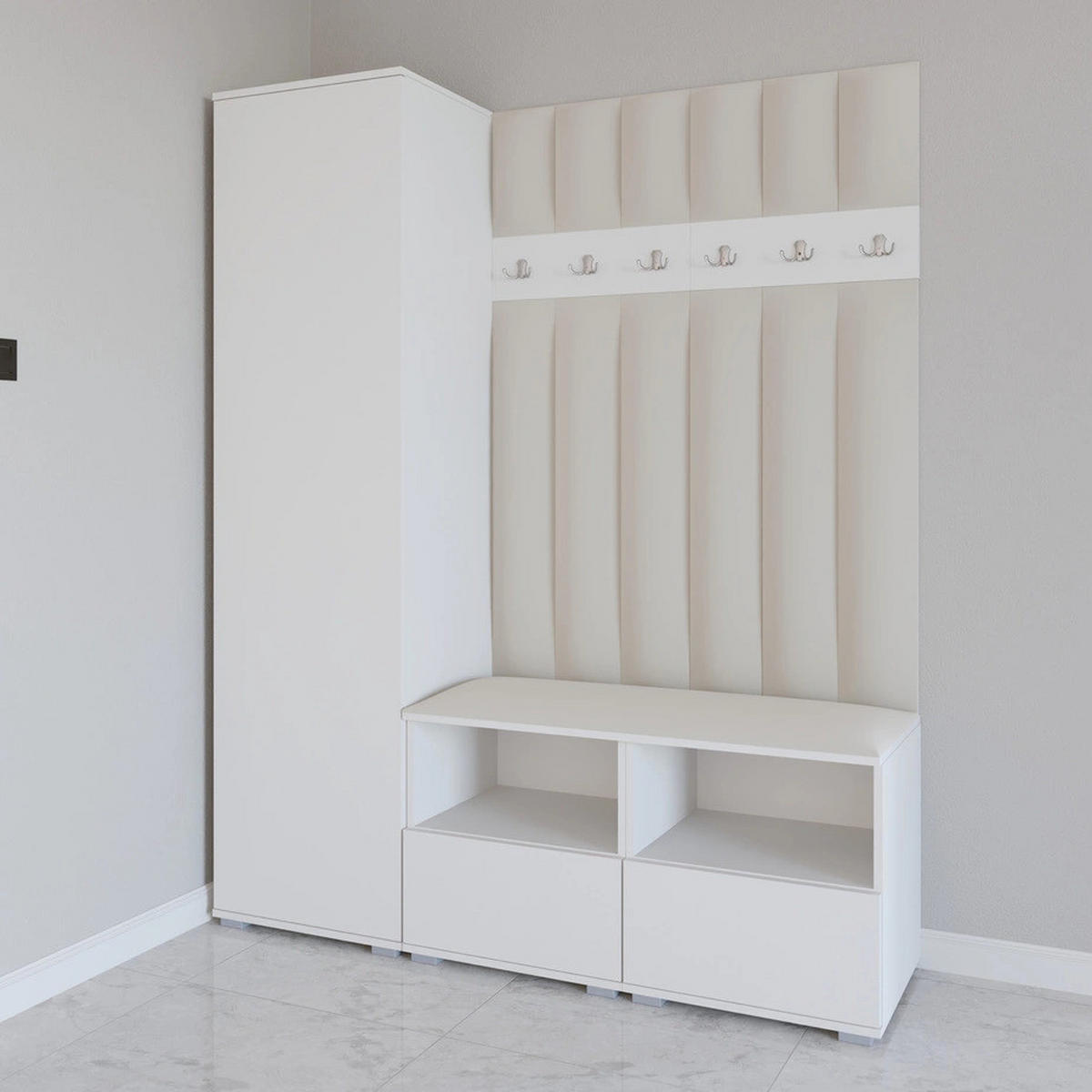 GEPOLSTERT Garderoben-Set Nela II LUX (Farbe Weiß + Stoff Trinity 01) - Silberfarben/Creme, Holz/Holzwerkstoff (150/187/40cm) - Ravio