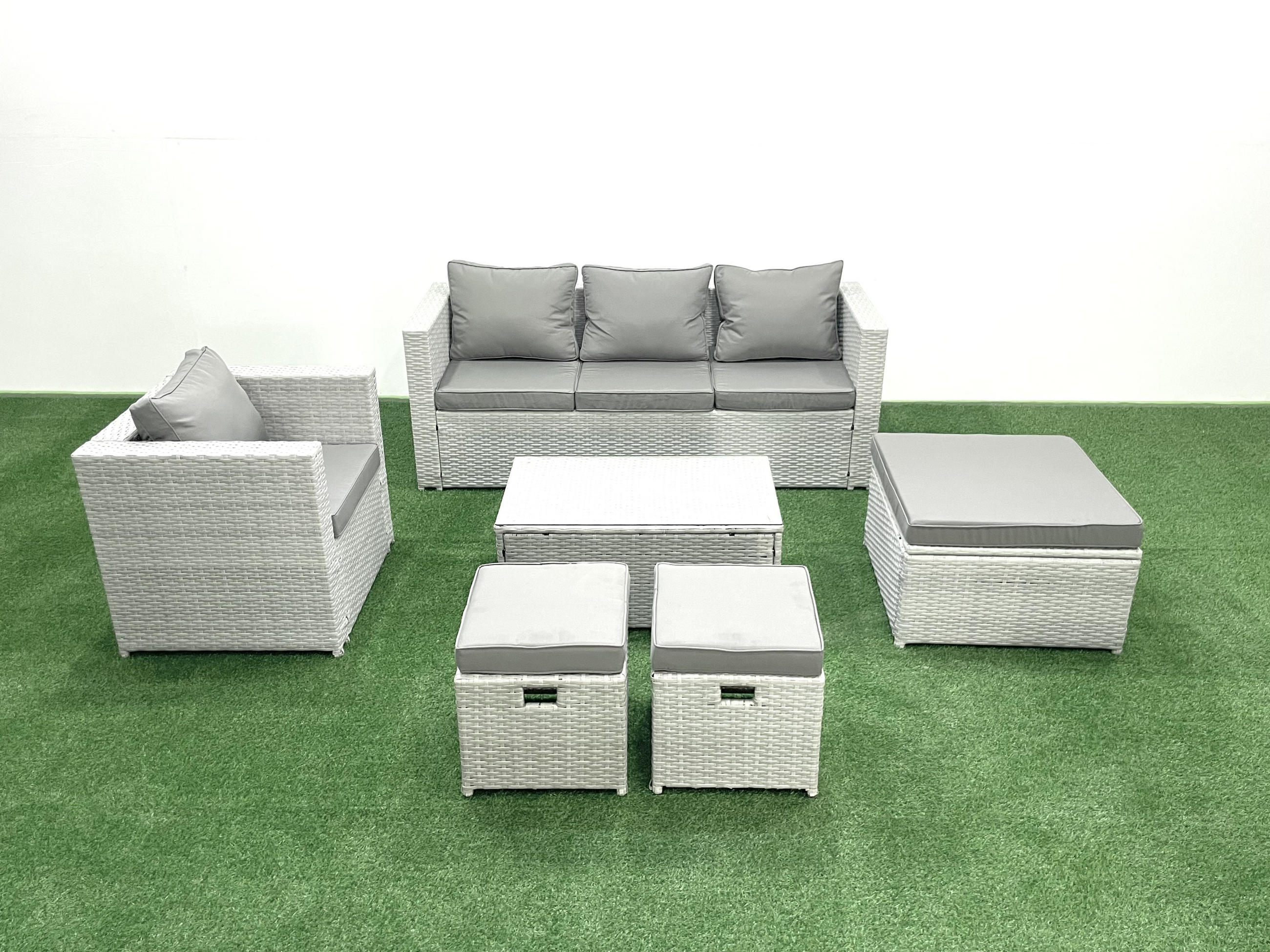 GARTENMÖBELSET mit 3-SITZER SOFA,COUCHTISCH Polyrattan Hellgrau-Mix 7-Sitzer - Hellgrau/Grau, Glas/Kunststoff - Fimous