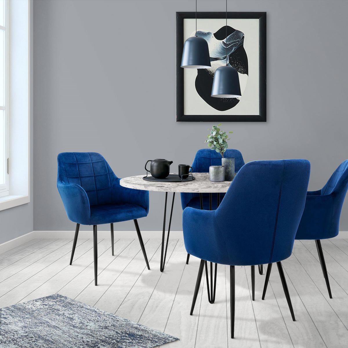 ESSZIMMERSTUHL Samt Dunkelblau 2er Set - Schwarz/Dunkelblau, Textil/Metall (43/83/58cm) - ML-DESIGN