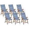 GARTENSTUHL 6er-Set Akazienholz dunkelbraun Auflagen blue Amantea - Blau/Dunkelbraun, Holz (54/105/69cm) - Beliani