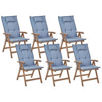 GARTENSTUHL 6er-Set Akazienholz dunkelbraun Auflagen blue Amantea - Blau/Dunkelbraun, Holz (54/105/69cm) - Beliani