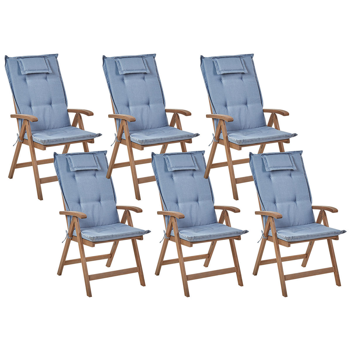 GARTENSTUHL 6er-Set Akazienholz dunkelbraun Auflagen blue Amantea - Blau/Dunkelbraun, Holz (54/105/69cm) - Beliani