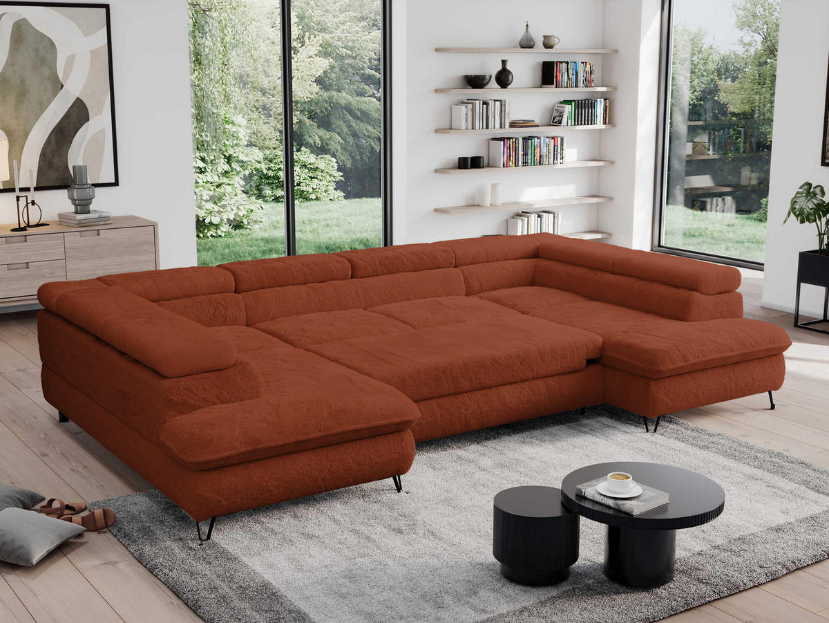 WOHNLANDSCHAFT PETER U Plüsch Orange - Schwarz/Orange, Textil/Metall (346/76/208cm) - MKS