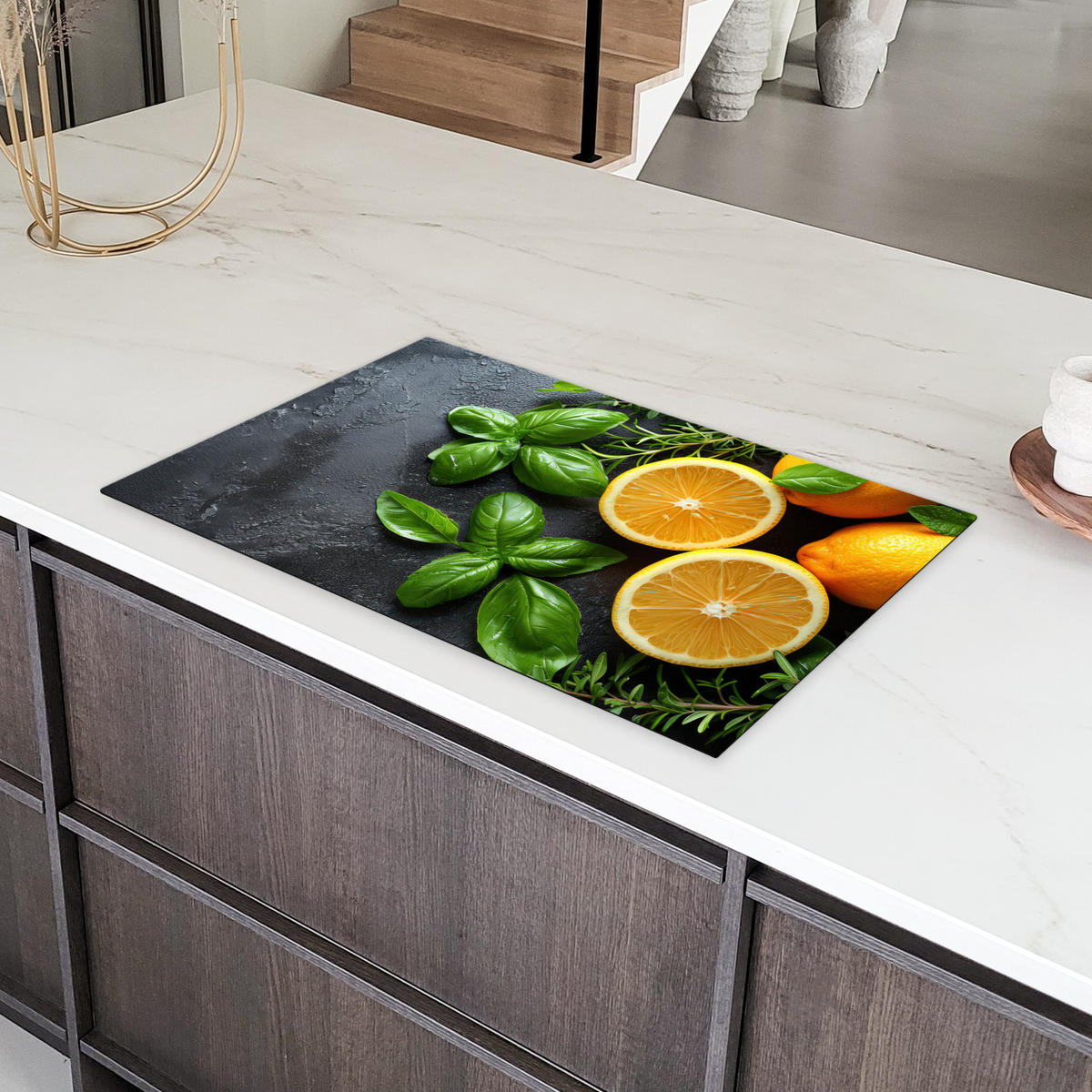 HERDABDECKPLATTE Obst - Grau - Konkret - Orange - Pflanzen Ceranfeldabdeckung 85x52 cm - Anthrazit, Kunststoff (85/52/0.2cm) - MuchoWow
