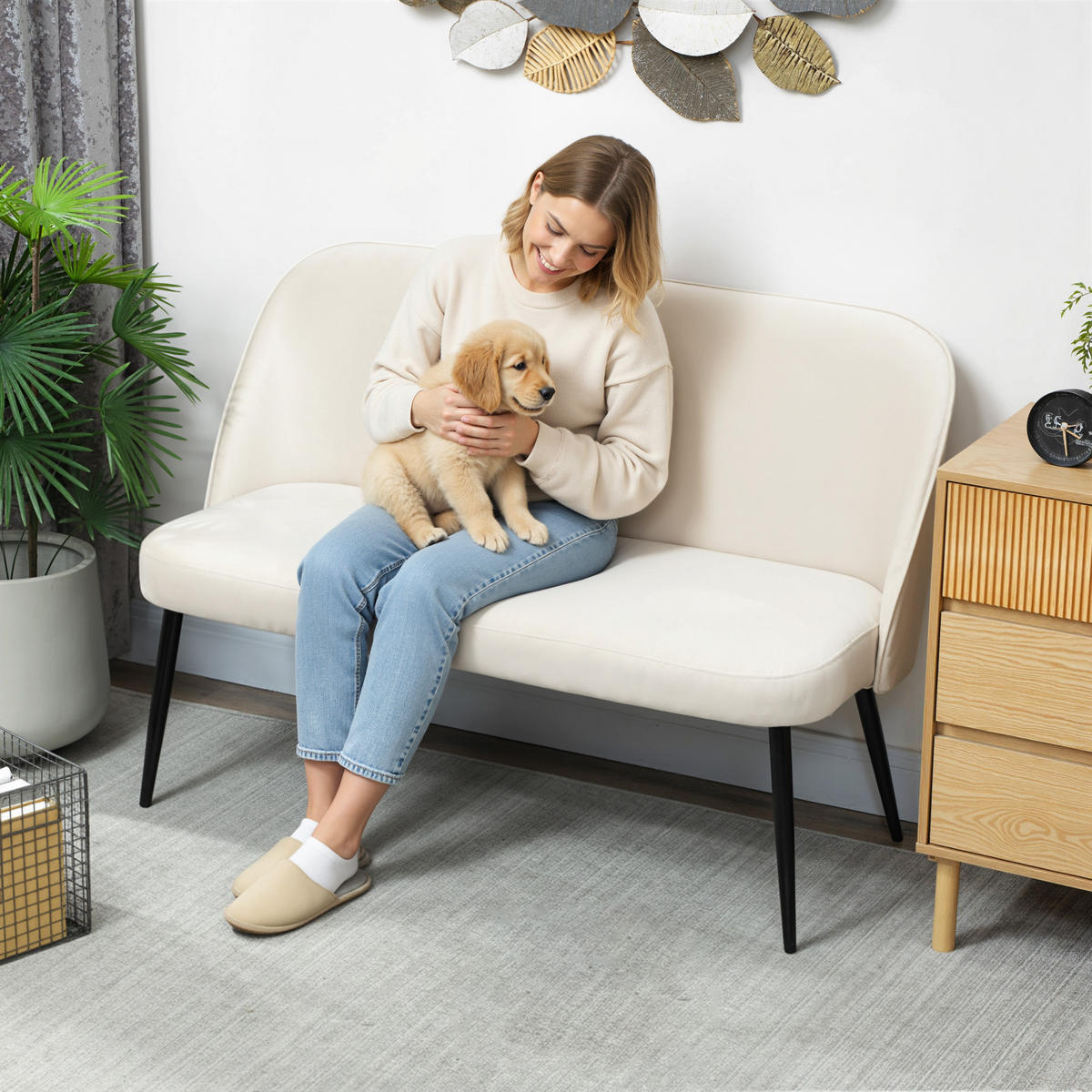 SOFA 2-Sitzer kleine Couch 127 cm mit Samtoptik, geschwungene Rückenlehne Beige - Beige/Schwarz, Textil/Metall (63/84.5/127cm) - HOMCOM