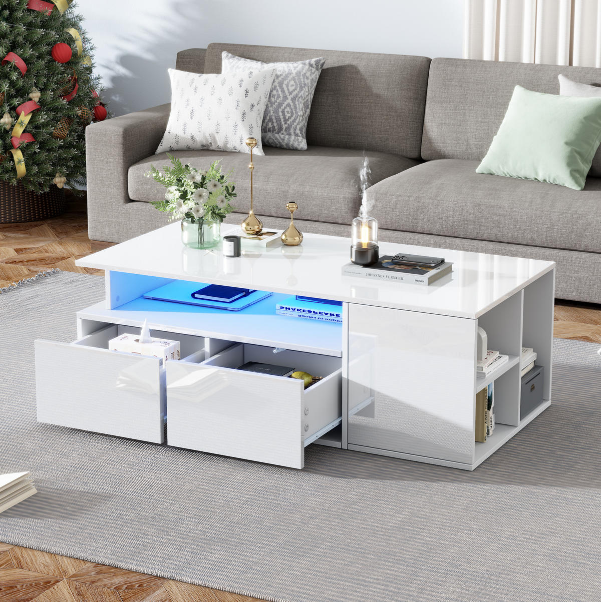COUCHTISCH 100/50/35 cm in Weiß mit LED-Beleuchtung und 2 Schubladen - Weiß, Holzwerkstoff (100/50/35cm) - Flora Grace