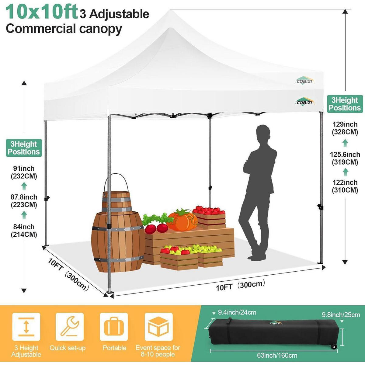 FALTPAVILLON 3x3m Weiß mit Seitenteilen und Tasche - Weiß, Metall (300/328/300cm)