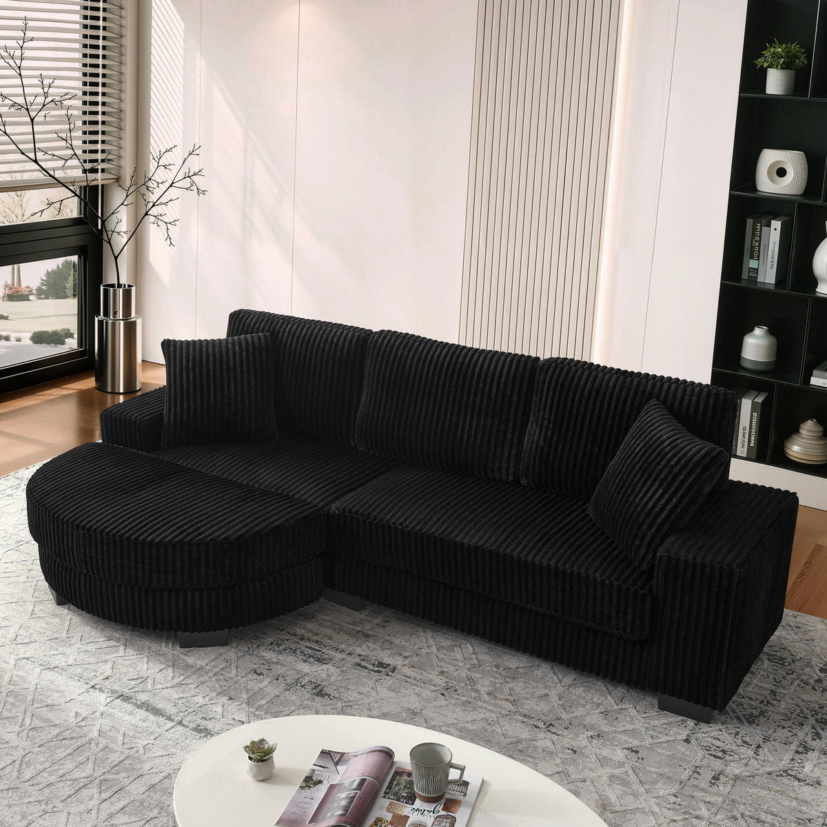L-FÖRMIGES ECKSOFA Schwarz 256,5/133,5/89 cm 4-Sitzer mit Hocker - Schwarz, Kunststoff (256.5/133.5cm) - PANGIVO