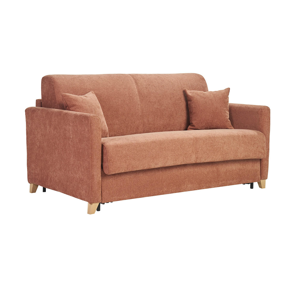 SCHLAFSOFA 3-Sitzer in Samtoptik Stoff gebrannte Erde und helles Holz mit 18 cm Matratze SKANDY - Terracotta, Textil (99/92/176cm) - Miliboo