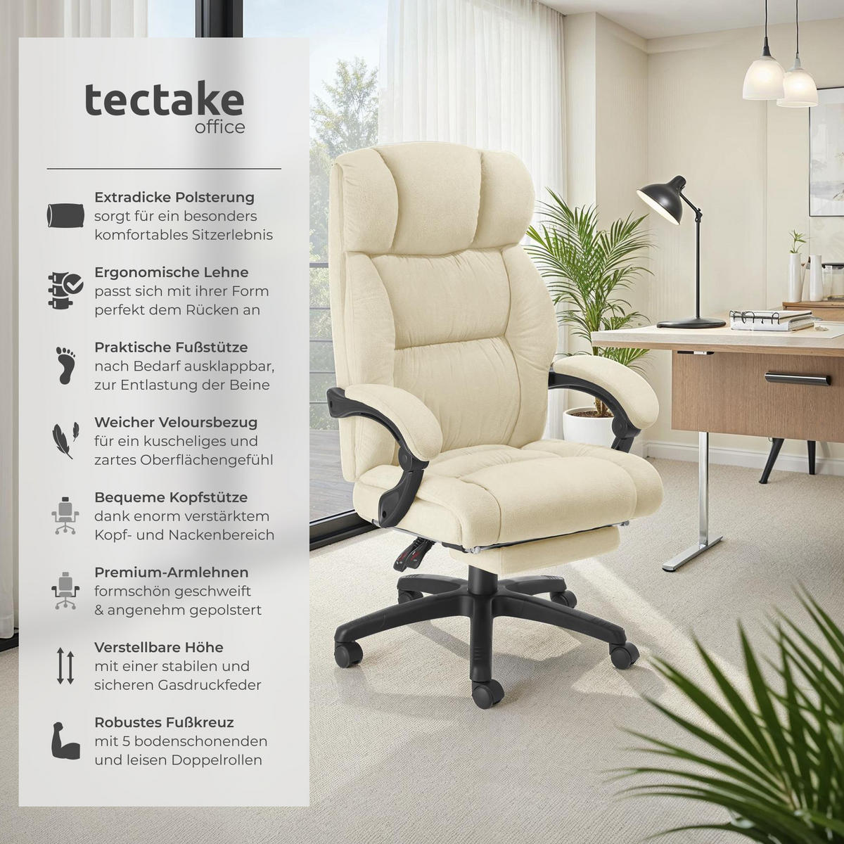 BÜROSTUHL Jillien,Belastbarkeit 120 kg,beige - Beige, Kunststoff (64/115/118cm) - tectake