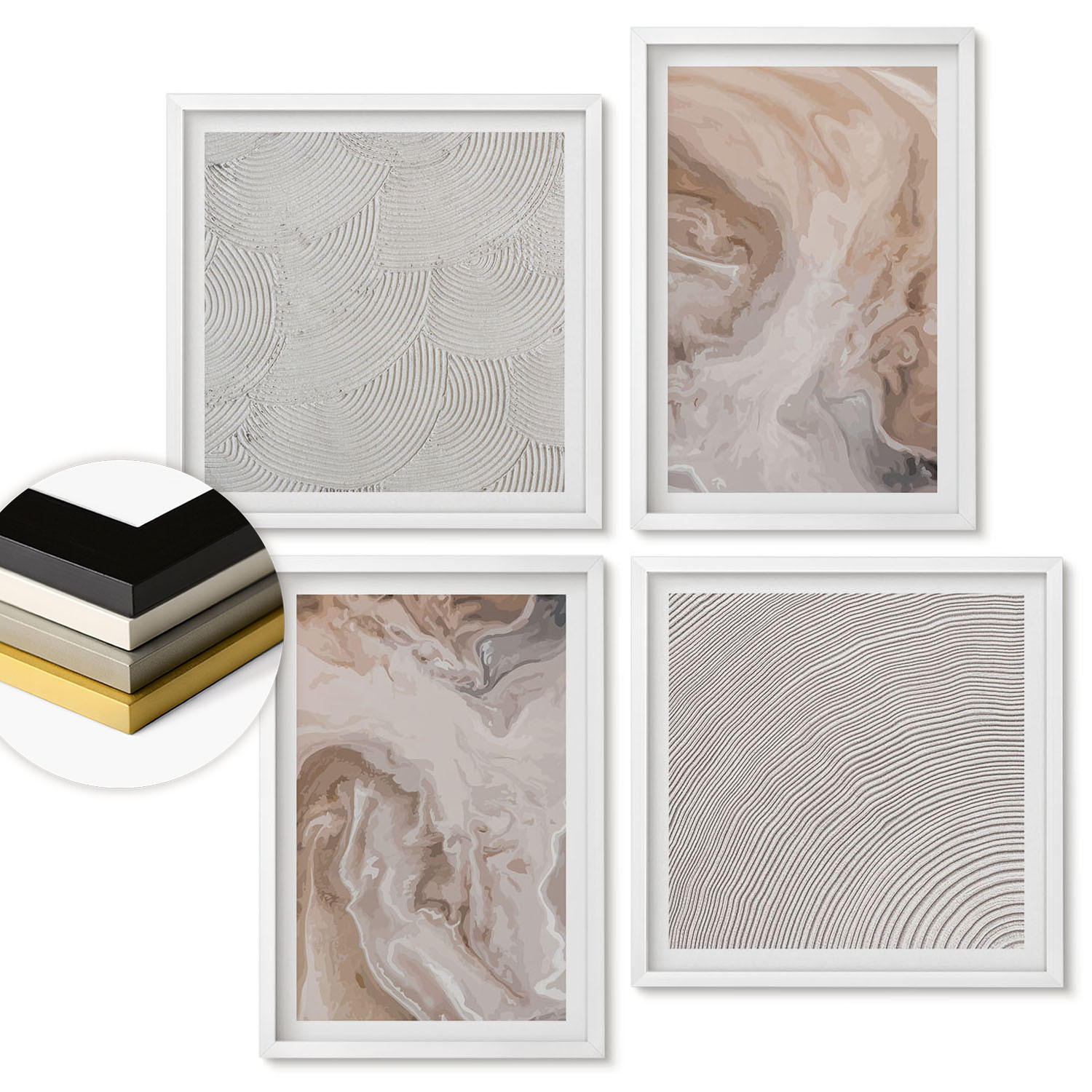 WANDBILDER 4er-Set - 50x50 cm & 40x60 cm Weißer Rahmen - Marmorstein-Texturmuster - Weiß, Kunststoff (50/50cm) - ArtPrintCave