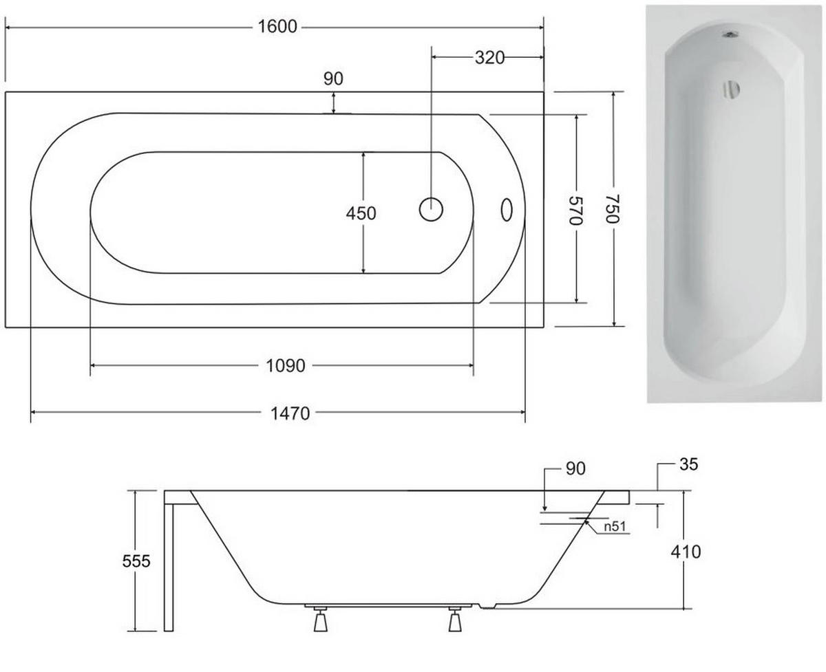 BADEWANNE Rechteck INTRICA 160/75 mit Styro Ablauf Füße - Weiß, Kunststoff (75/55.5/160cm) - bad land