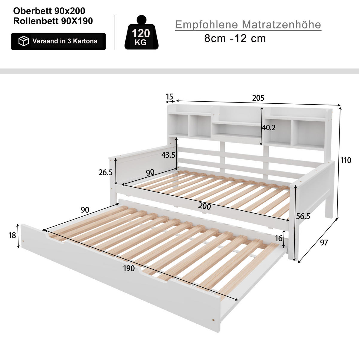 MULTIFUNKTIONSBETT aus Kiefernholz 90x200 cm Weiß mit Ausziehbett, Stauraum und Lattenrost - Weiß, Holz (90/200cm) - Modfu