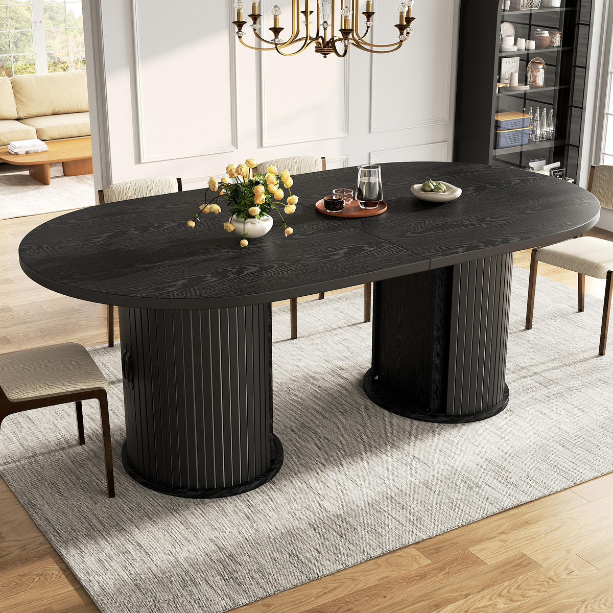 ESSTISCH Schwarz 150–190×80×75 cm mit Auszugmechanismus, verdecktem Staufach und Metallrahmen aus Holzwerkstoff - Schwarz, Holzwerkstoff (80/150/75cm) - Luhomfu