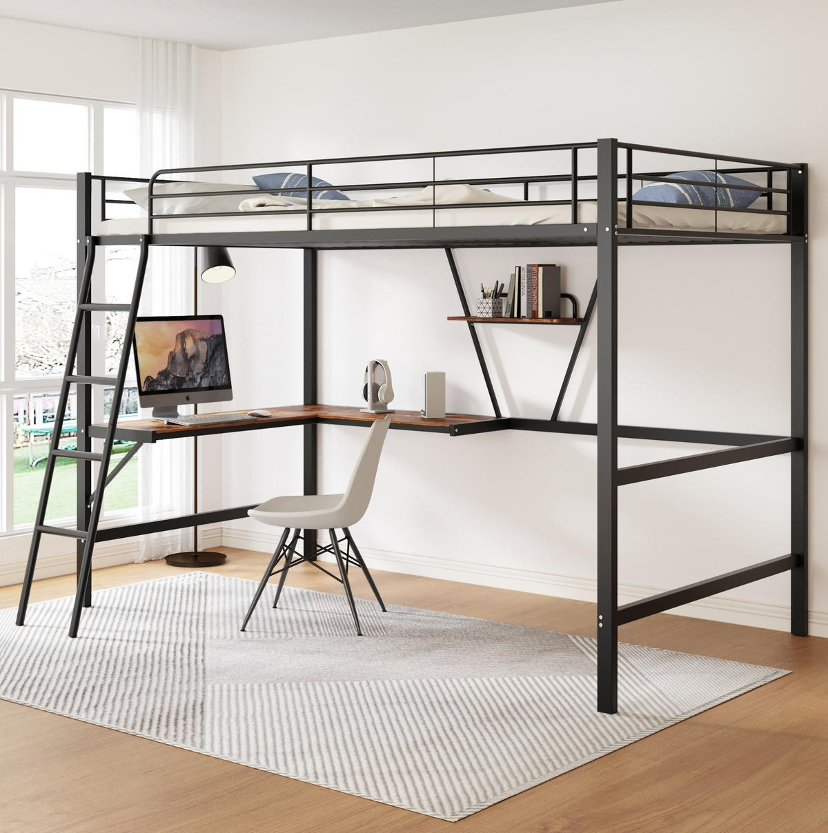 HOCHBETT aus Metall 90x200 cm Schwarz mit L-förmigem Schreibtisch und Regal, platzsparend - Schwarz, Metall (135/190cm) - Modfu