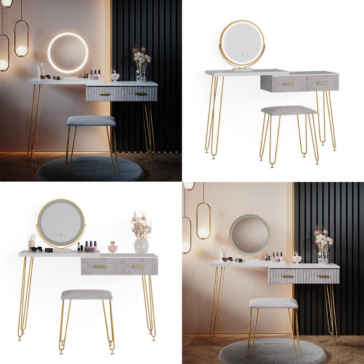 SCHMINKTISCH Zoey Grau 120 cm mit LED Beleuchtung und Hocker - Grau, Holzwerkstoff (120/76/37cm) - Vicco