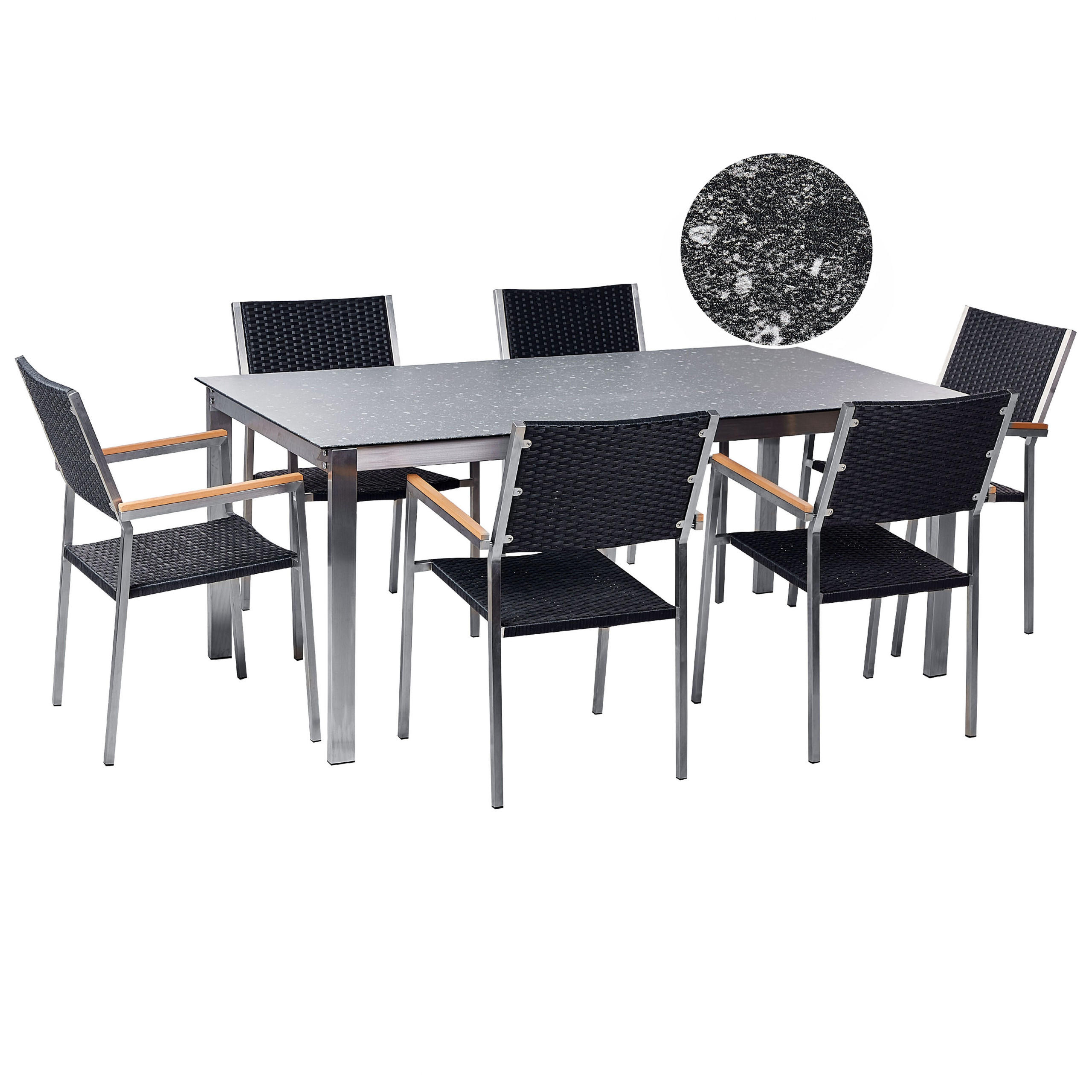GARTENMÖBEL SET 6-Sitzer Keramik-Glas Granit Optik Rattan schwarz Cosoleto/Grosseto - Silberfarben/Schwarz, Glas - Beliani
