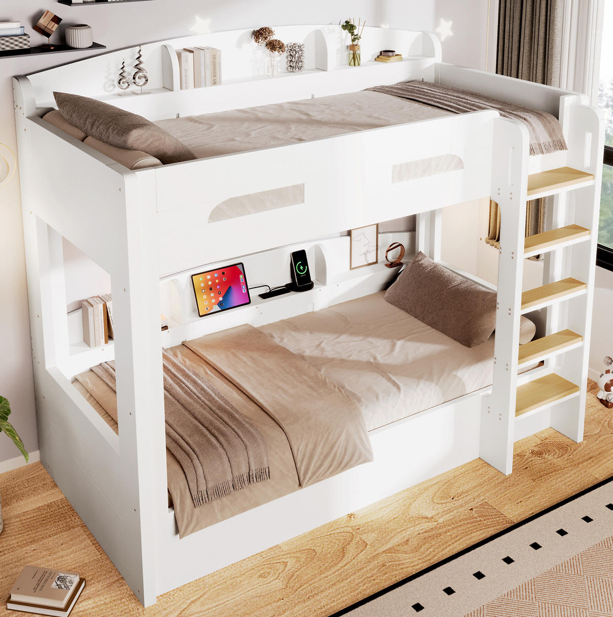 ETAGENBETT 90/200 cm in Weiß mit USB-Steckdose und Ablagefächern - Weiß, Holz (90/200cm) - Flora Grace