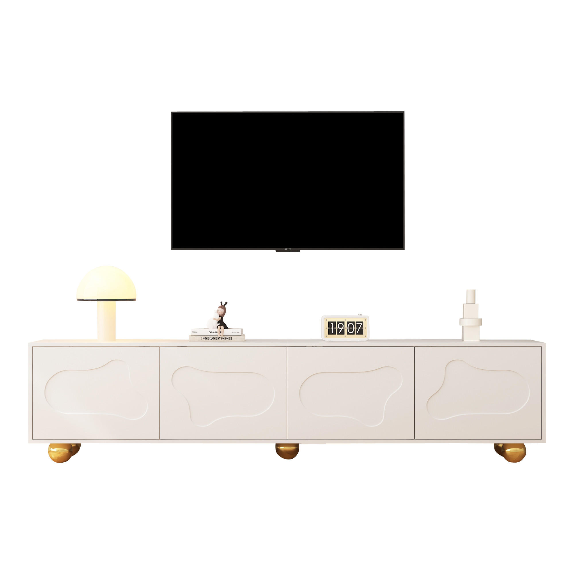 STILVORA TV STOLEK v bílé barvě se 2 skříňkami a kovovými nohami do obýváku, 180×40×45 cm