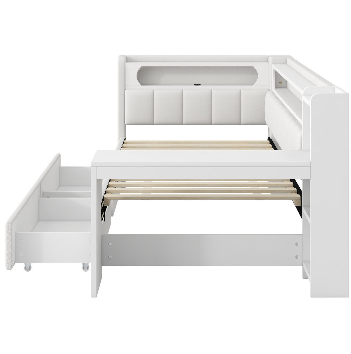 POLSTERBETT 90/200 cm Weiß mit LED-Beleuchtung, USB-Anschluss, Schreibtisch und 2 Schubladen - Weiß, Holzwerkstoff (90/200cm) - Flora Grace