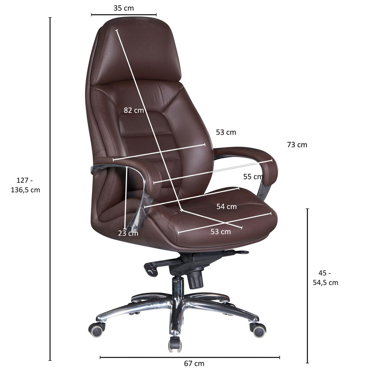 CHEFSESSEL Leder mit Multiblockwippmechanik bis 120 kg MIRON, Braun 67x67x137 cm - Silberfarben/Braun, Leder/Metall (67/137/67cm) - KADIMA DESIGN