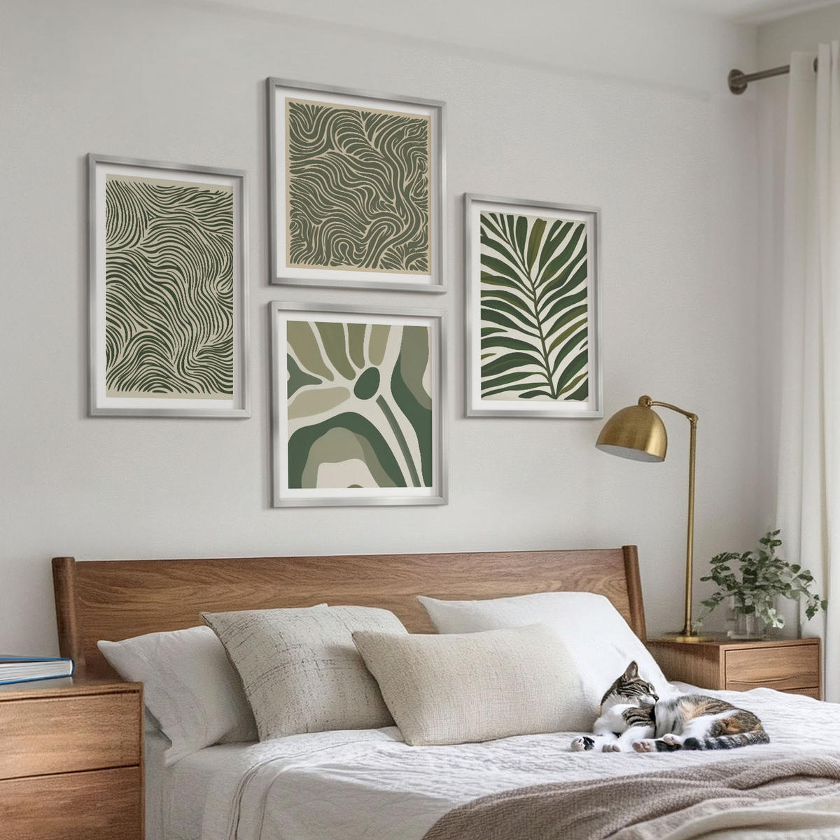 BILDER SET 4er Set - 50x50 cm & 40x60 cm Silberner Rahmen - Blattmuster und wellenförmige Formen - Silberfarben, Kunststoff (50/50cm) - TULUP