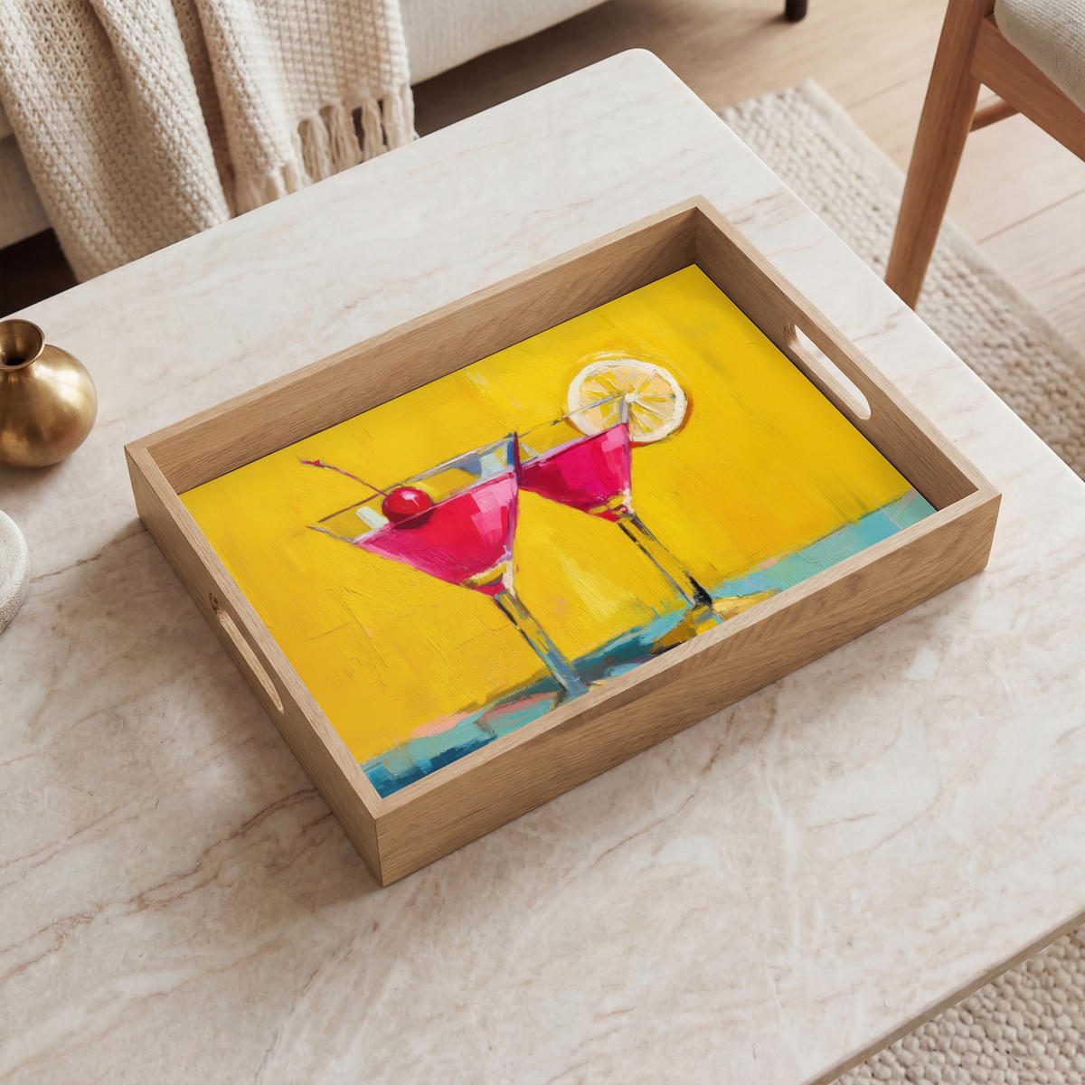 SERVÍROVACÍ PODNOS Sklenice - Koktejl - Citron - Třešeň 40x30 cm - žlutá, dřevo (40/5/5cm) - OnlyWow