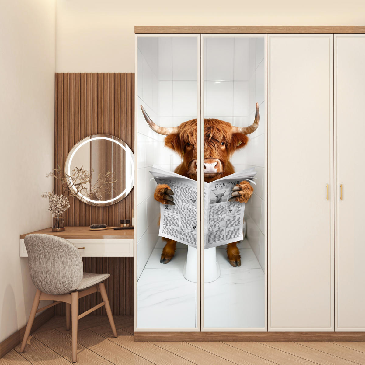 TÜRAUFKLEBER Scottish Highlander - Zeitung - WC - Tier 90x235 cm - Türtapete - Weiß, Kunststoff (90/0.1cm) - MuchoWow