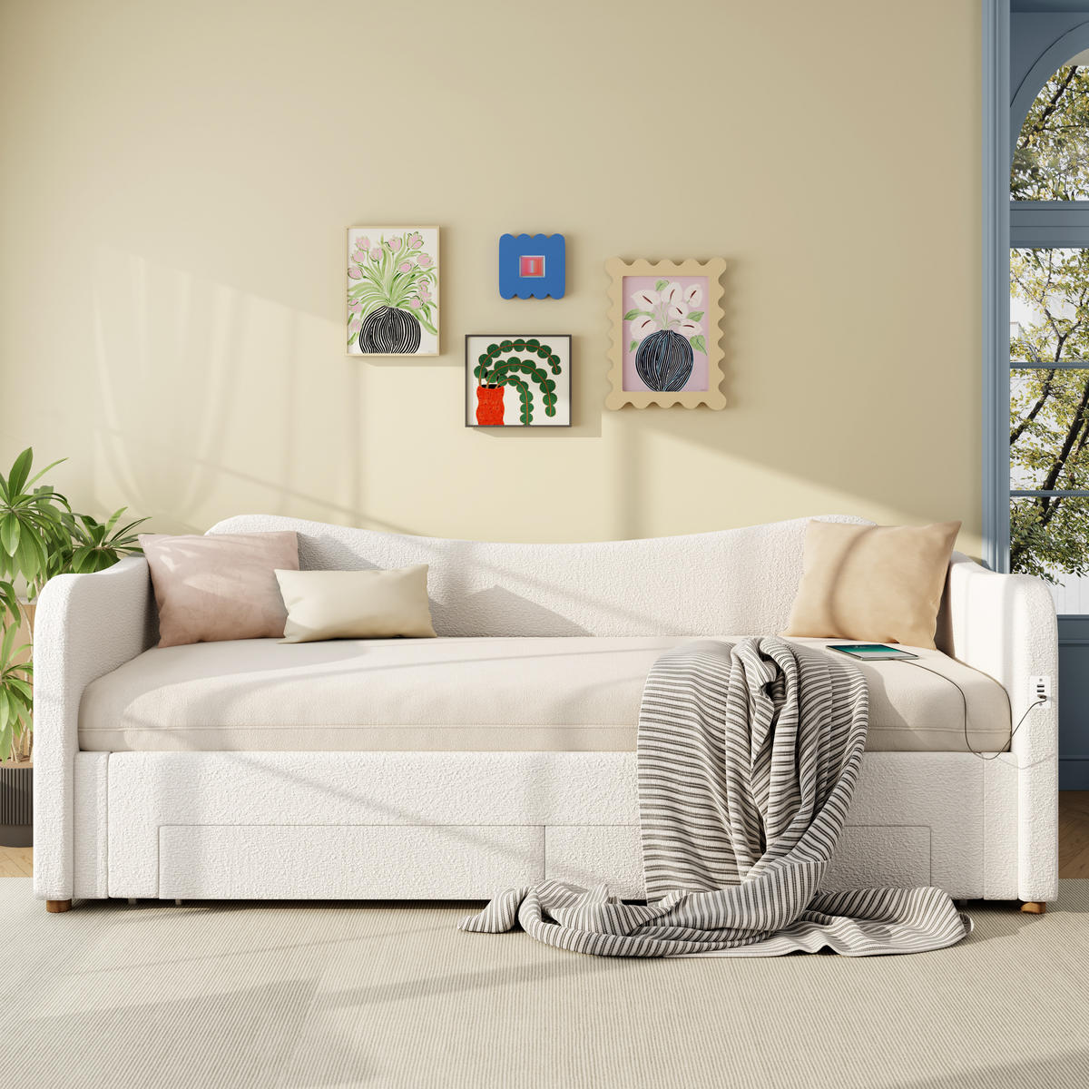 POLSTERBETT aus Schleife 90x200/180x200 cm in Beige mit 2 Schubladen & USB/Typ-C - Beige, Textil (90/200cm) - Modfu