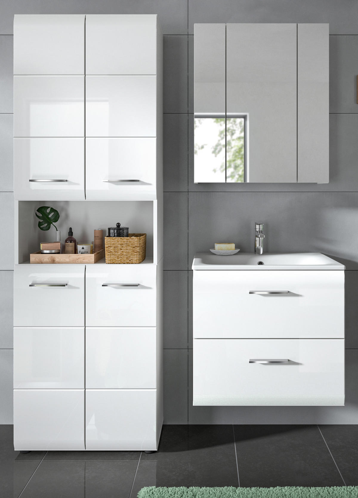 BADMÖBEL SET 3-teilig in weiß Hochglanz Badkombination 135 x 185 cm Cover - Weiß Hochglanz/Schwarz, Holzwerkstoff/Kunststoff (135/185/46cm) - Inn.Furn