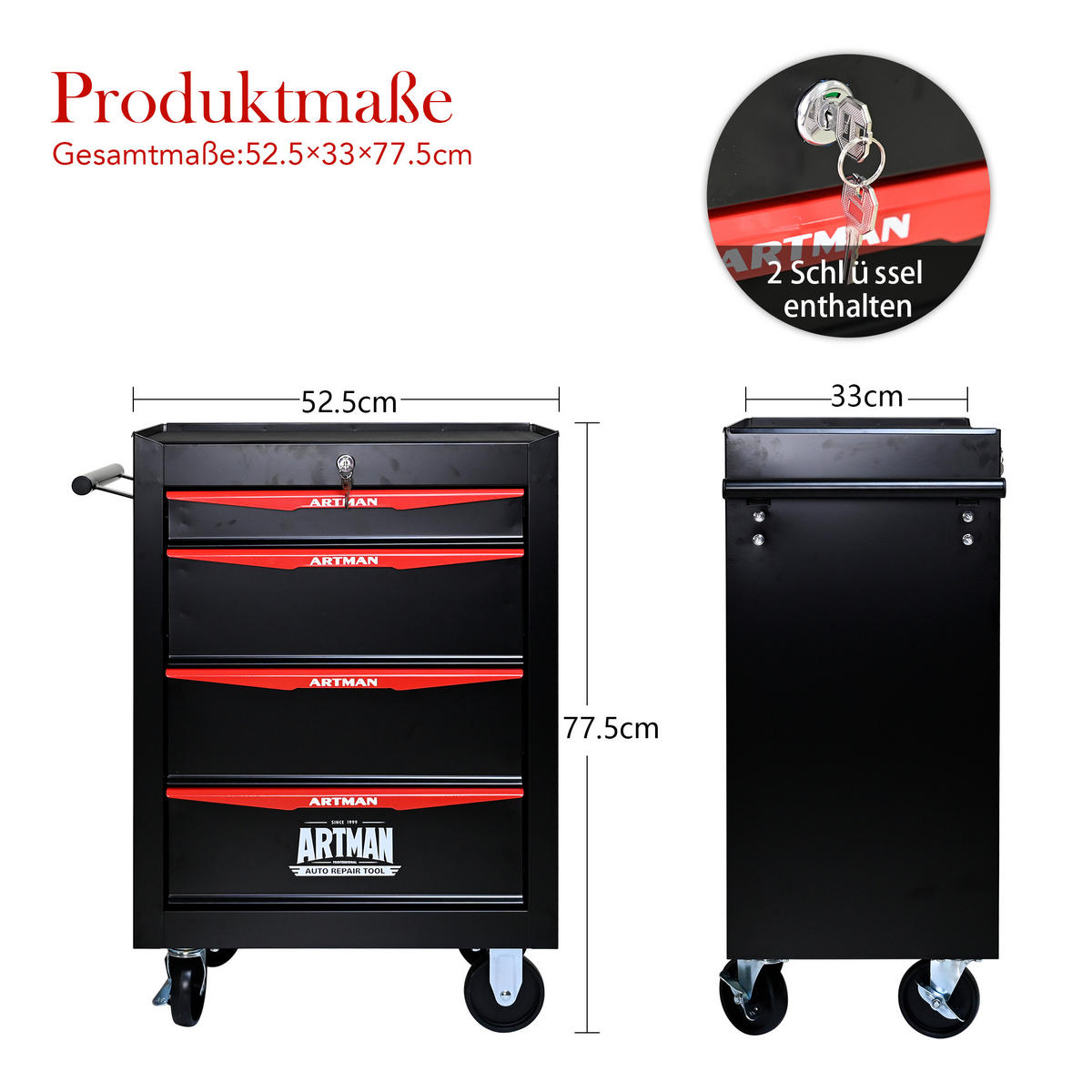 KOMBINATIONS-WERKZEUGKASTEN – 4 Schubladen – 508 mm (20 Zoll) – Farbgebung: Schwarz und Rot - Multicolor, Metall (33/77.5/60cm) - DCA