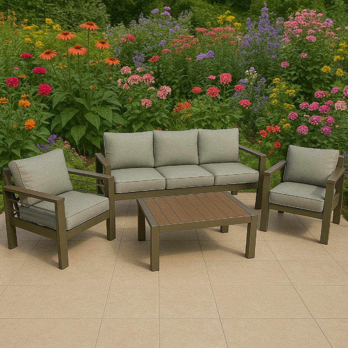 LOUNGE-SET Rochdale - 4-teilig aus gebürstetem Aluminium, Tischplatte und Armlehnen aus Kunstholz naturfarben - Grau, Metall - TPFGarden