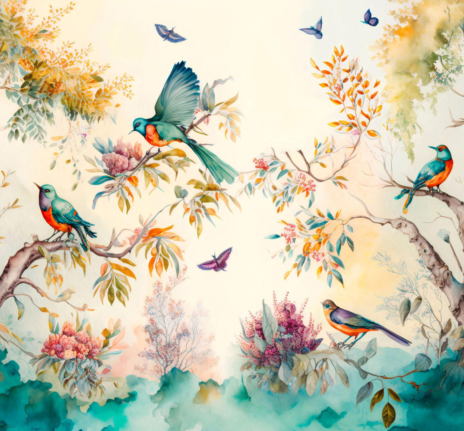 FOTOTAPETE tropische Dschungelblätter und Paradiesvögel 300 x 279 cm - Multicolor, Papier (300/279cm) - Sanders & Sanders