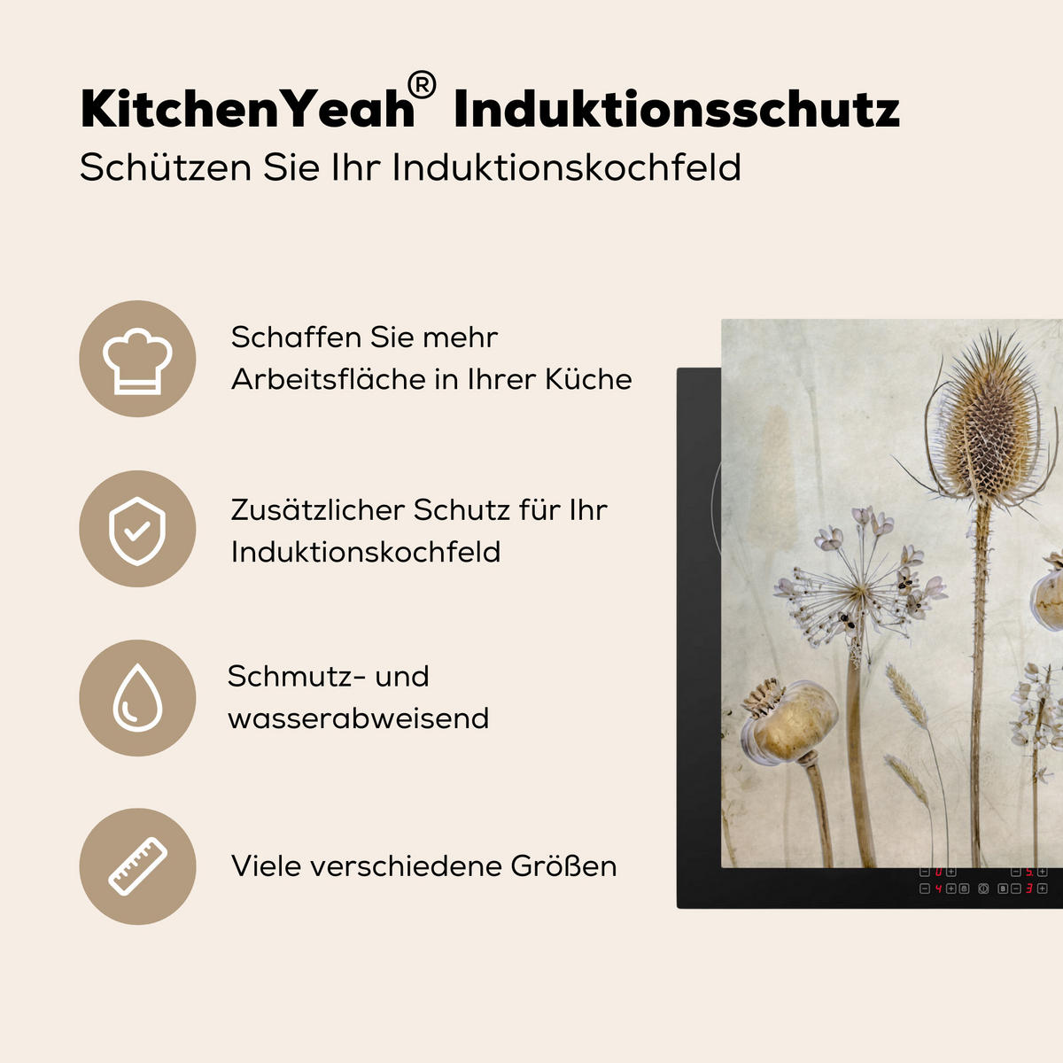 HERDABDECKPLATTE Blumen - Aquarell - Stilleben - Braun - Vintage 83x51 cm - Sandfarben, Kunststoff (83/0.2/51.5cm) - MuchoWow