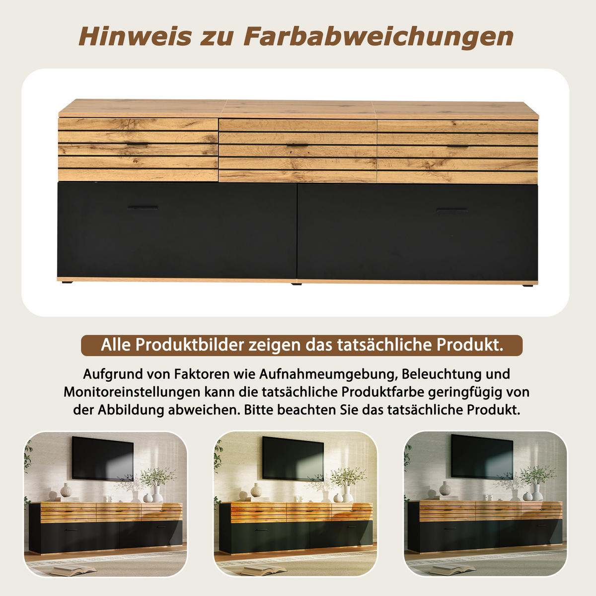 LOWBOARD in Naturfarben und Schwarz mit 2 Türen und 3 Schubladen für Wohnzimmer, B168/T38/H59 cm - Schwarz/Naturfarben, Holzwerkstoff (168/59/38cm) - STILVORA