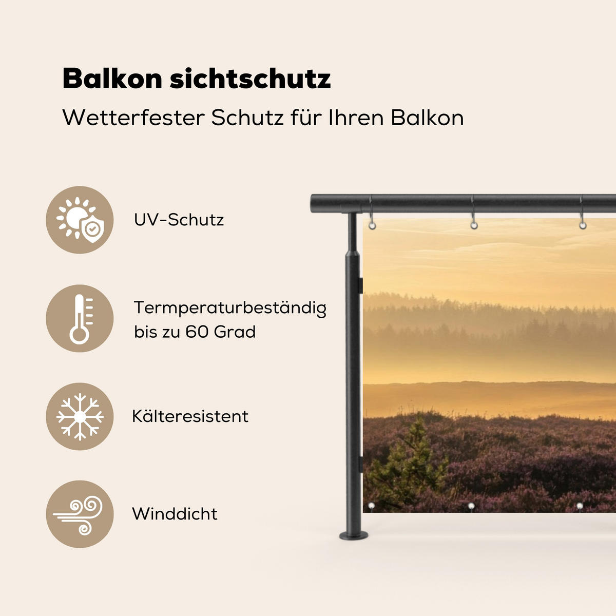 BALKON-SICHTSCHUTZ Schottische Hochlandbewohner - Heide - Landschaft - Tiere - Cognac, Kunststoff (300/85cm) - MuchoWow