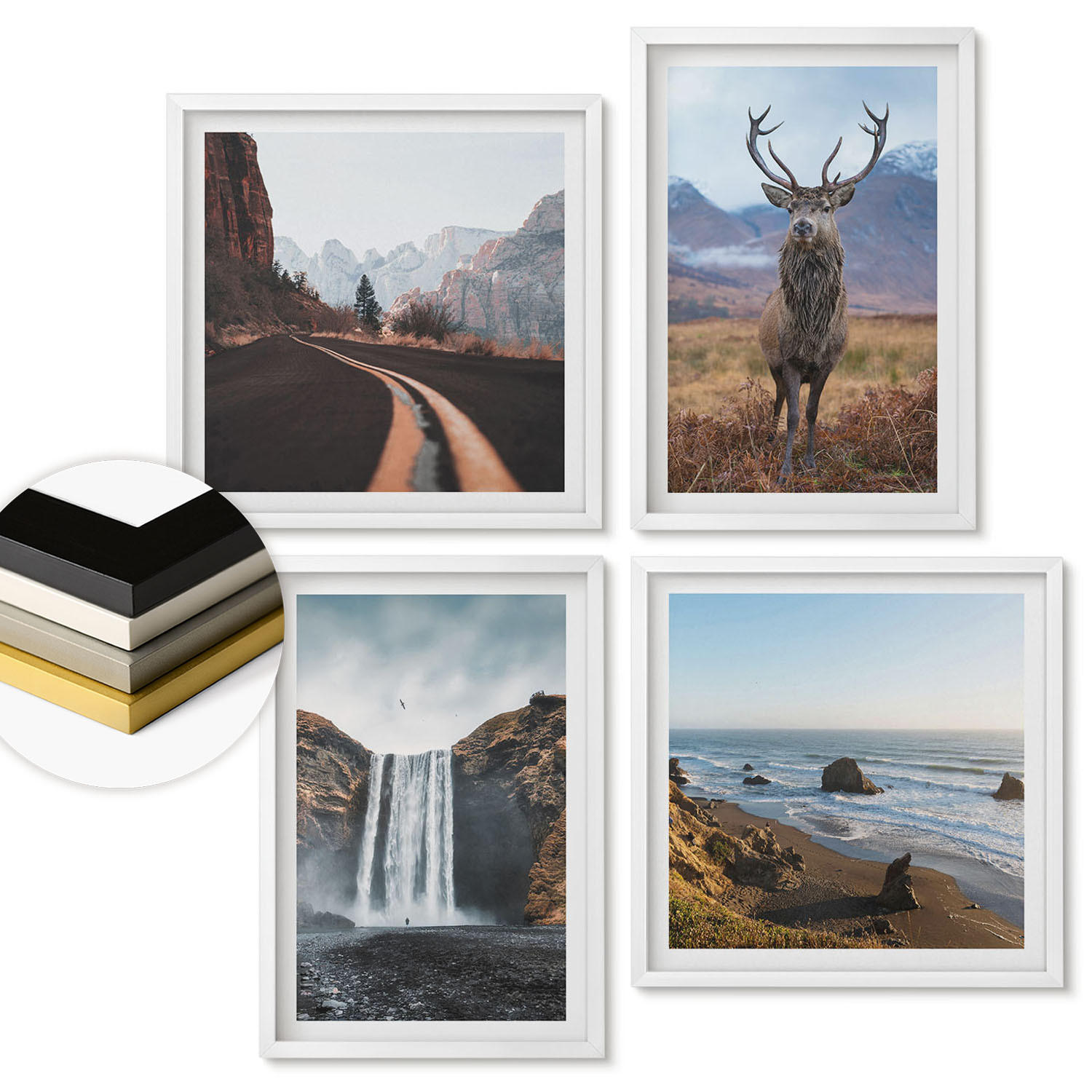 WANDBILDER 4er-Set - 50x50 cm & 40x60 cm Weißer Rahmen - Berglandschaften, Wasserfälle, Hirsche, Strände - Weiß, Kunststoff (50/50cm) - ArtPrintCave