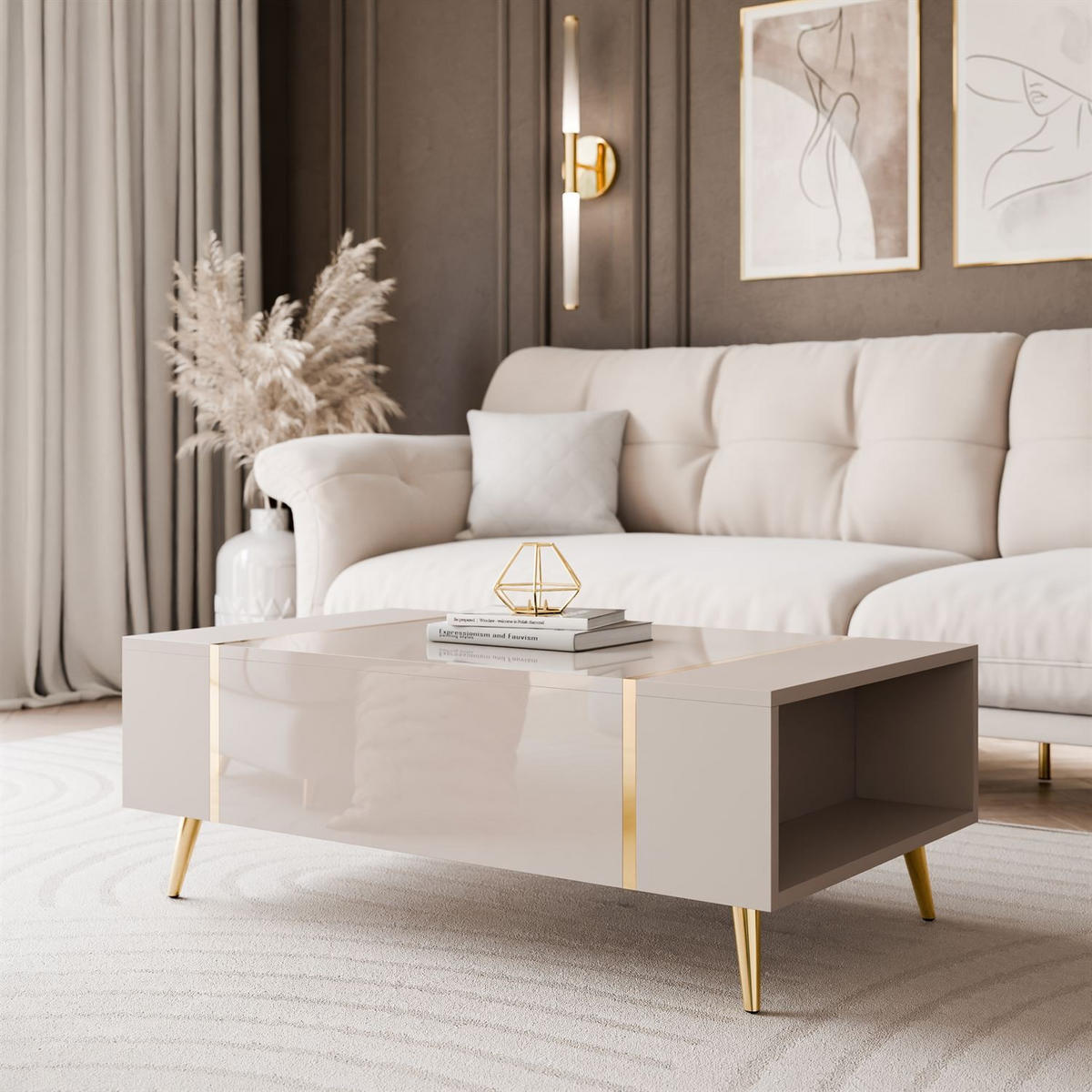 COUCHTISCH ONYX Kaschmir auf goldenen Beinen Hochglanz - Kaschmir, Holzwerkstoff (65/104/41.5cm) - Lookway