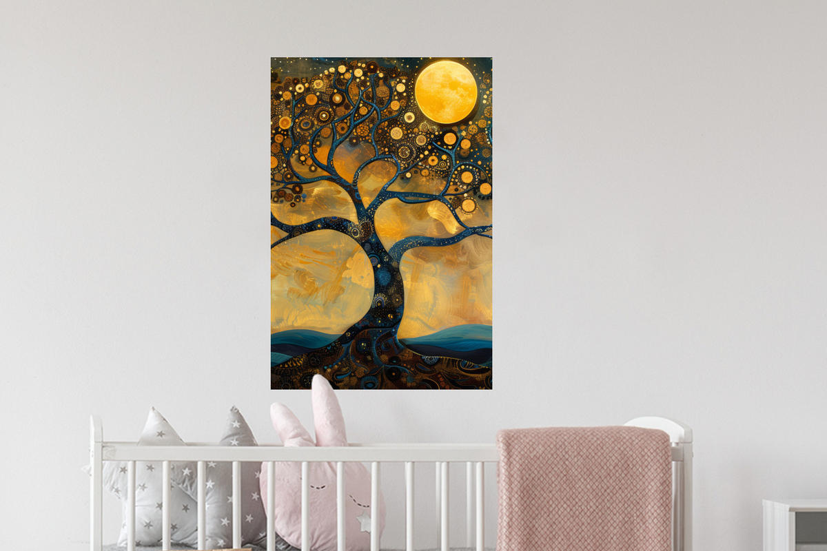 WANDTATTOO Baum - Mond - Blumen - Gold - Kunst 40x60 cm - Orange, Kunststoff (40/60/0.1cm) - MuchoWow