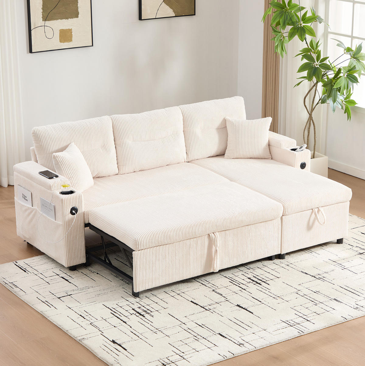 ECKSCHLAFSOFA 3-Sitzer Cord mit Stauraum USB-Anschluss und Becherhalter Beige 212,5/136/86 cm - Beige, Textil (136/212.5cm) - Redom