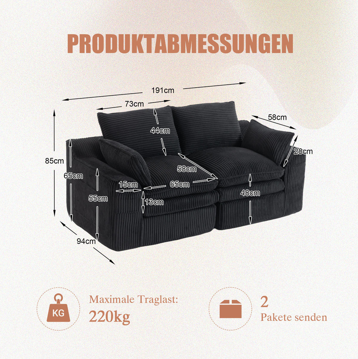 SOFA 2-Sitzer mit Seitentaschen 191 x 94 x 85 cm Cord Schwarz - Schwarz, Kunststoff (94/85/191cm) - Meubliv