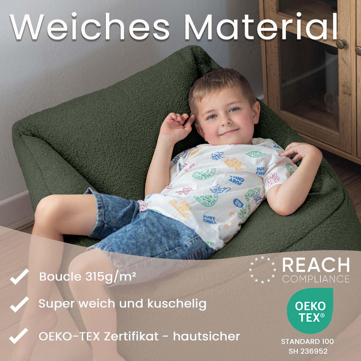 SITZSACK-SESSEL Bambino 55/60/55 cm, weicher Bouclé 315 g/m², mit Griff & Seitentasche, Grün - Grün, Textil (55/55/60cm) - Dreamroots