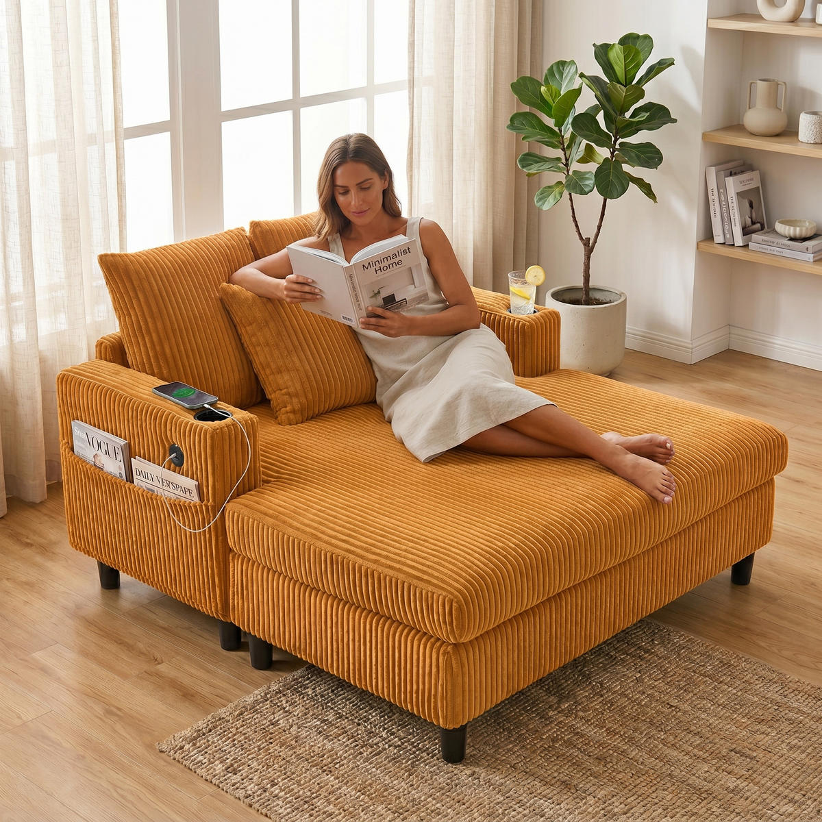 RELAXLIEGE XXL Polsterliege,Relaxsessel,3 Zierkissen,Cord,Gelb - Gelb, Textil (128/85/142cm) - LVHOM