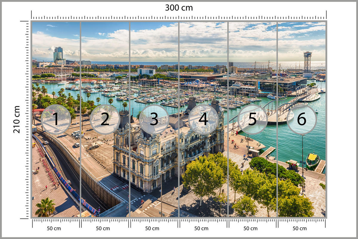 FOTOTAPETE für Wohnzimmer Barcelona Hafen Boote Denkmäler 300x210 - Türkis/Beige, Papier (300/210cm) - Muralo