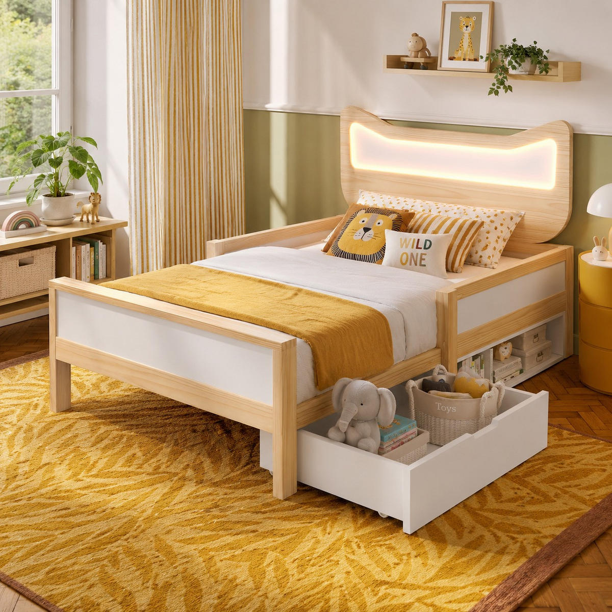 KINDERBETT 90/190 cm in Weiß & Eiche mit Schublade, Staufach und LED - Weiß, Holz/Holzwerkstoff (90/190cm) - WISHDOR