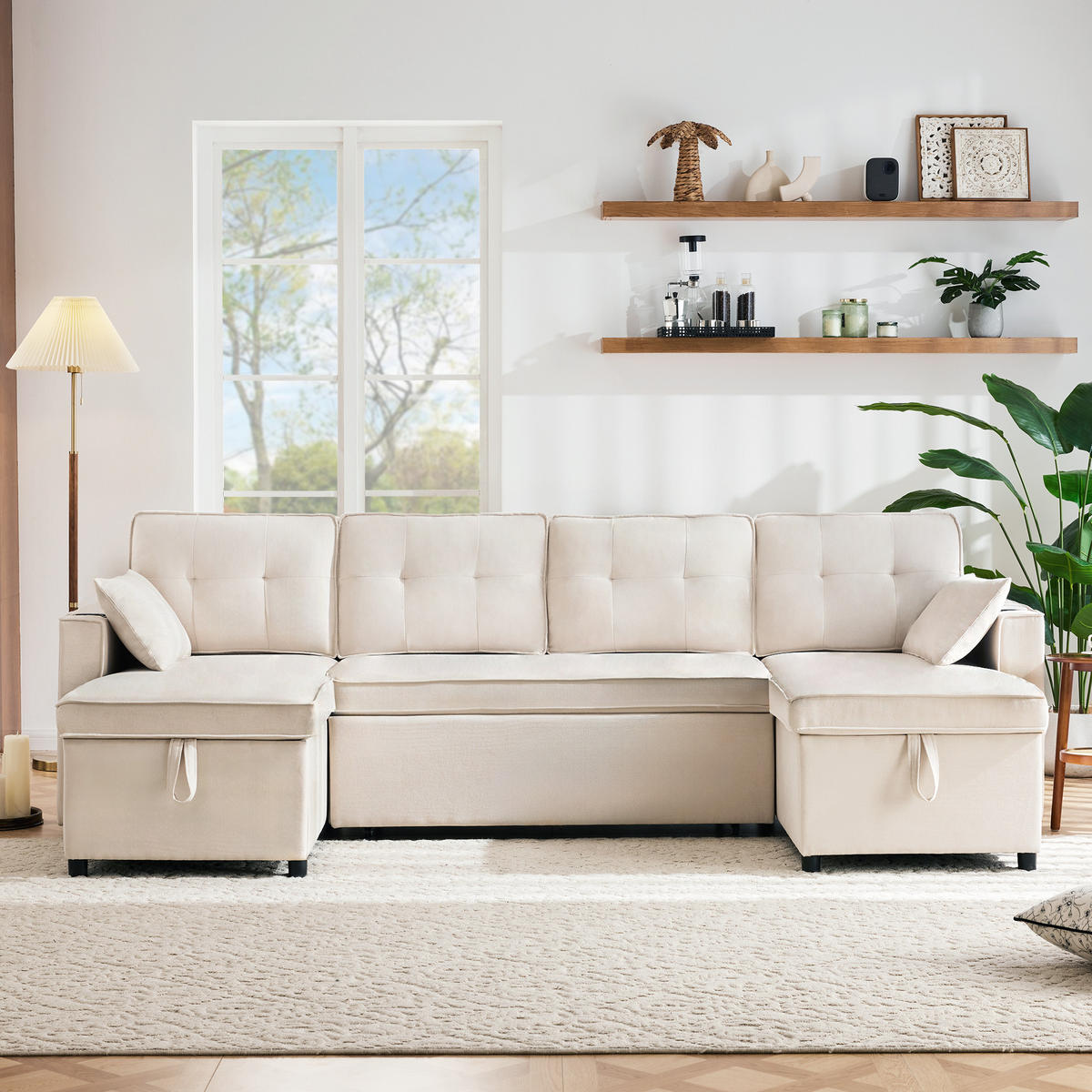 ECKSOFA U-Form Bettfunktion Baumwoll-Leinen Getränkehalter Stauraum Beige - Beige, Holz (123.01/19.71/65.51cm) - FLIEKS